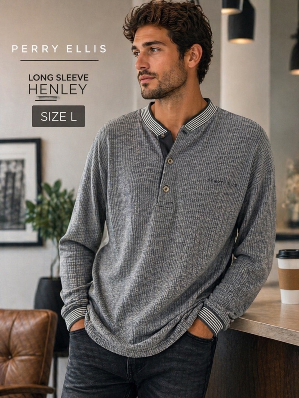 Perry Ellis Men’s Long Sleeve Gray Henley with Striped Trim